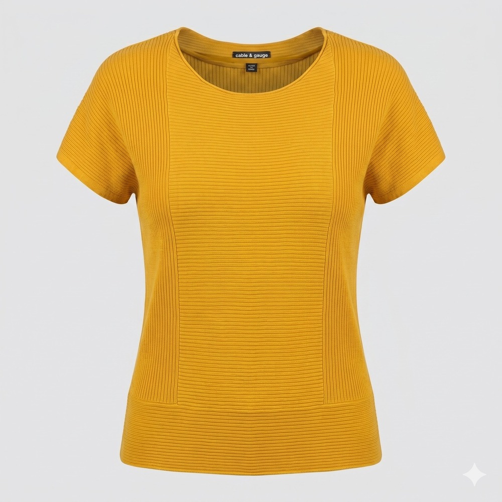 Cable & Gauge Womens Mustard Yellow Ribbed Knit Short Sleeve Sweater Top Size L